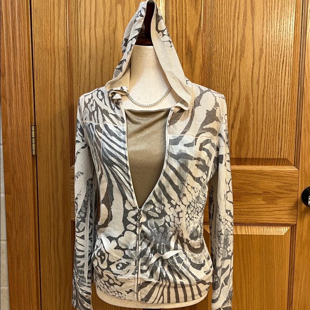 Cubism Zebra Print Hooded Zip-Up Sweater Hoodie With Metallic Gold Stitching